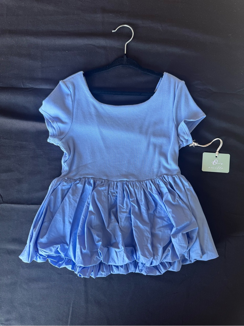 NWT Owillo Girls Ribbed Short Sleeve Bubble Hem Peplum Top Bauble Blue M (8)